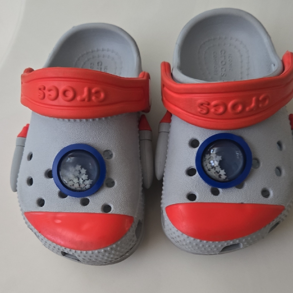 CROCS Gray and Red Sandals Lightweight Perforated Design